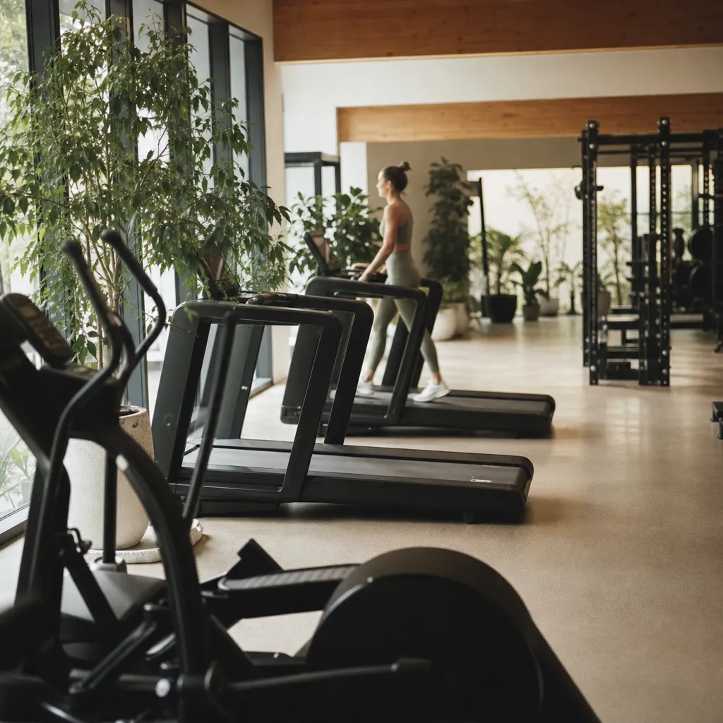 A row of cardio machines beside big windows and plants