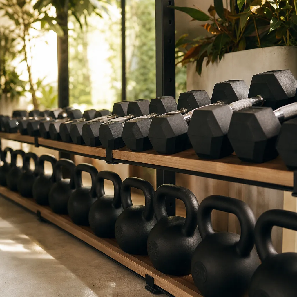 A neat rack of dumbbells and kettlebells lined up by size
