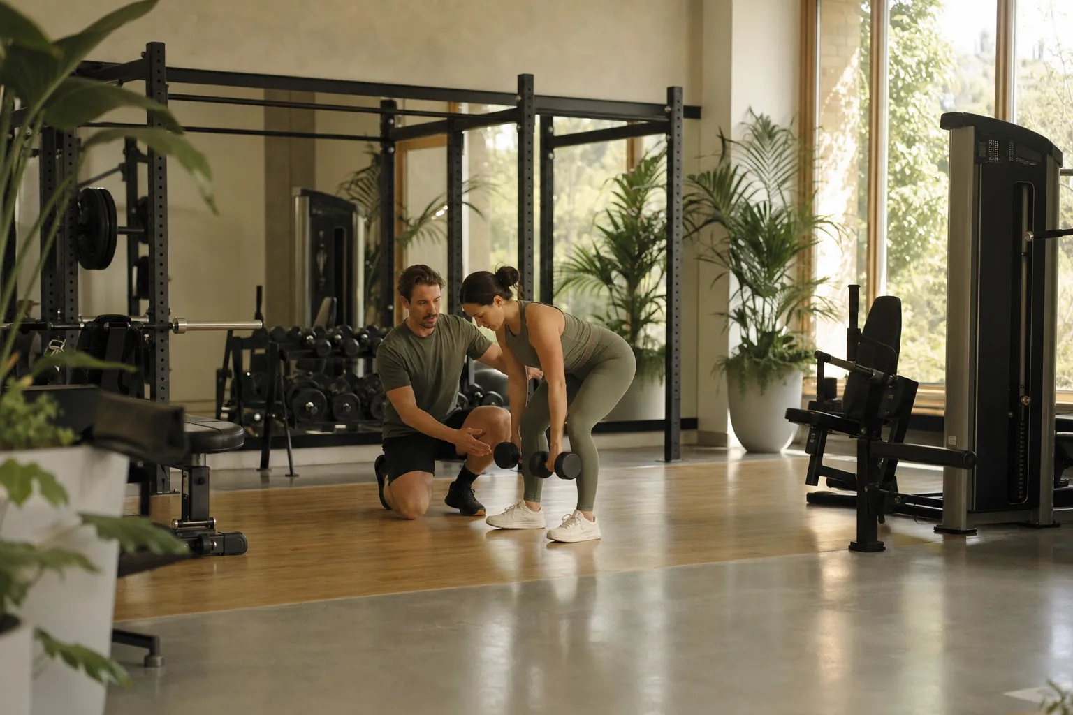 A coach guiding a member through a kettlebell session in a bright, plant-filled gym