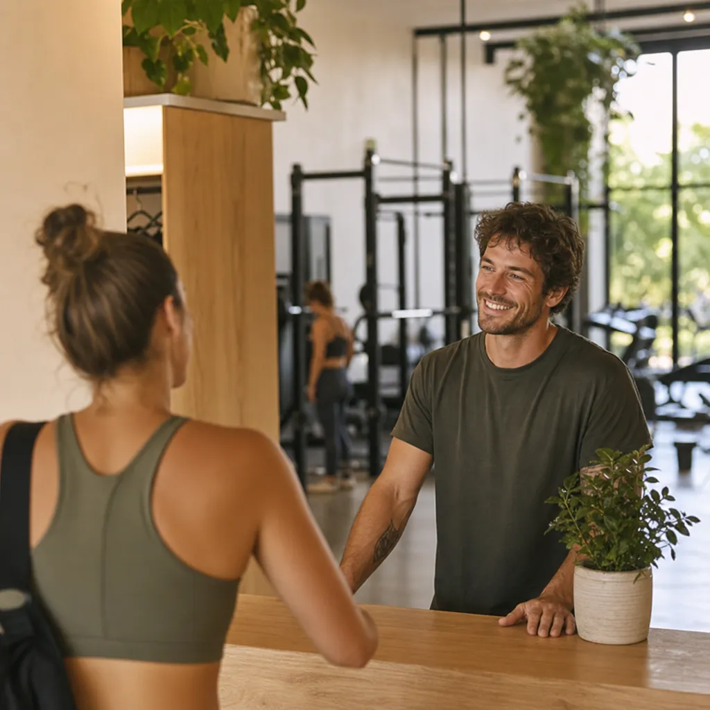 A gym owner welcoming a member at the front desk