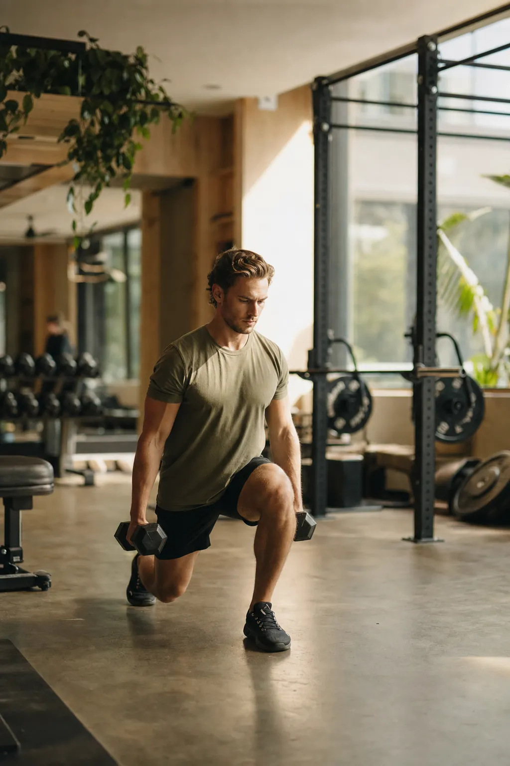 A member lifting dumbbells with controlled form in a warm, sunlit gym