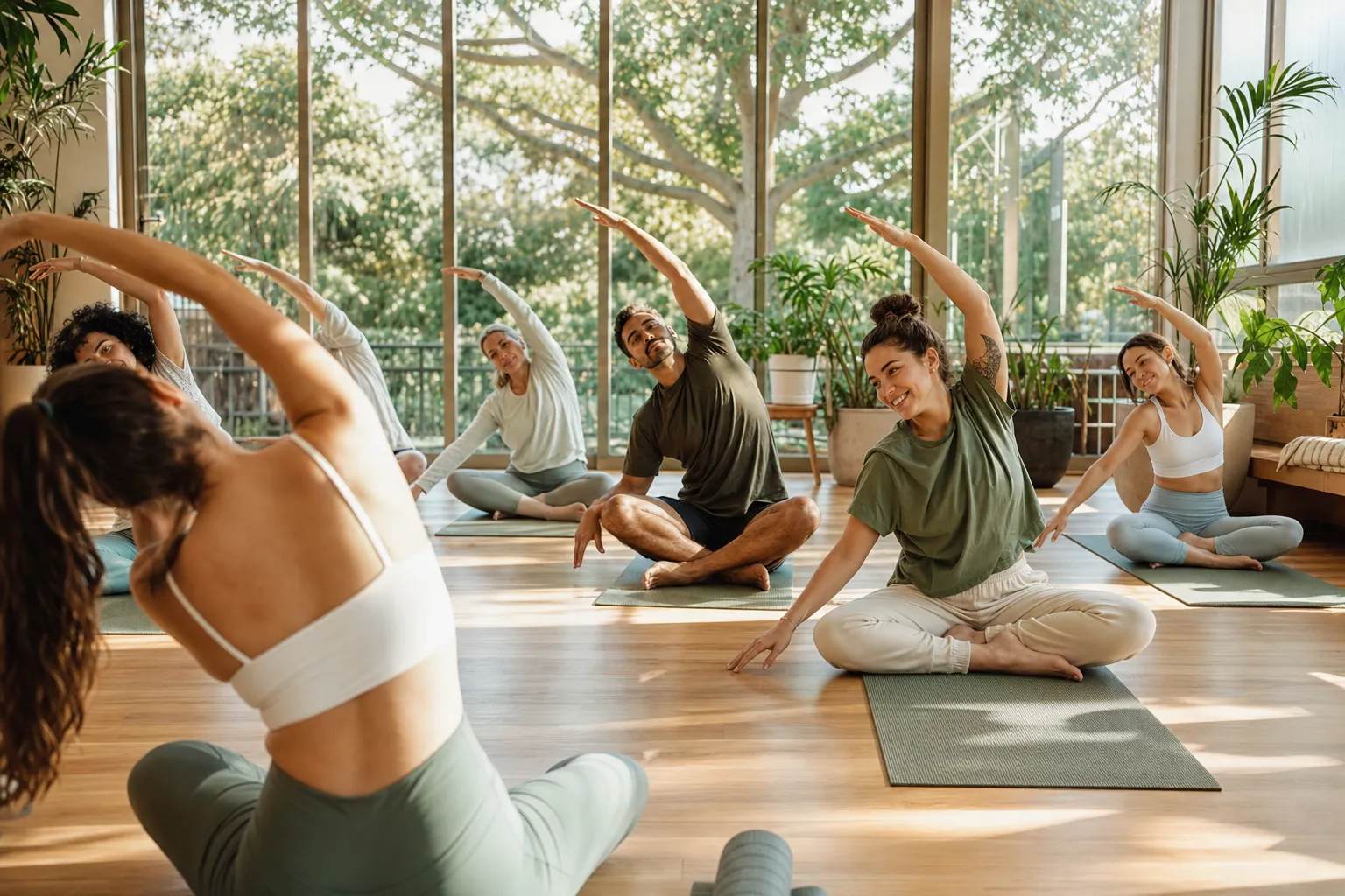 A sunlit boutique fitness studio during a morning class