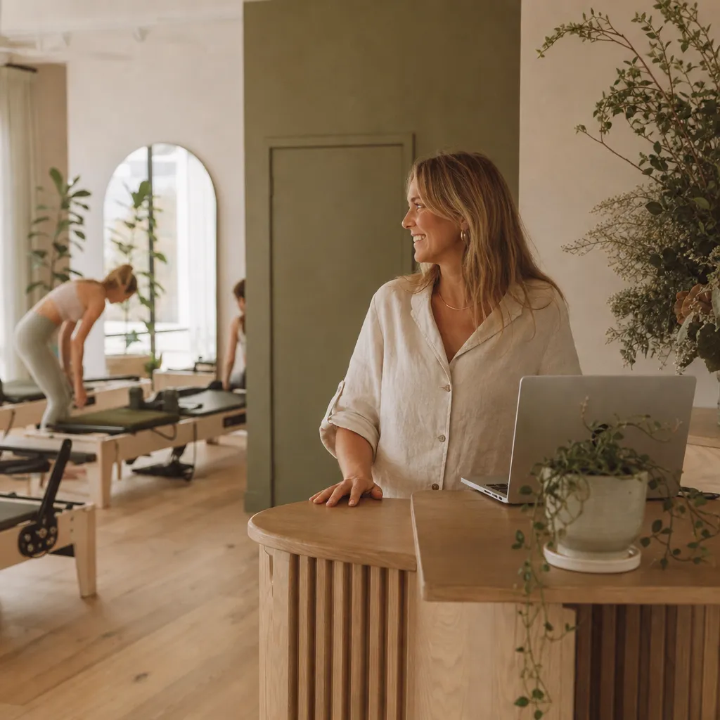 A pilates studio owner welcoming a client at the reception desk