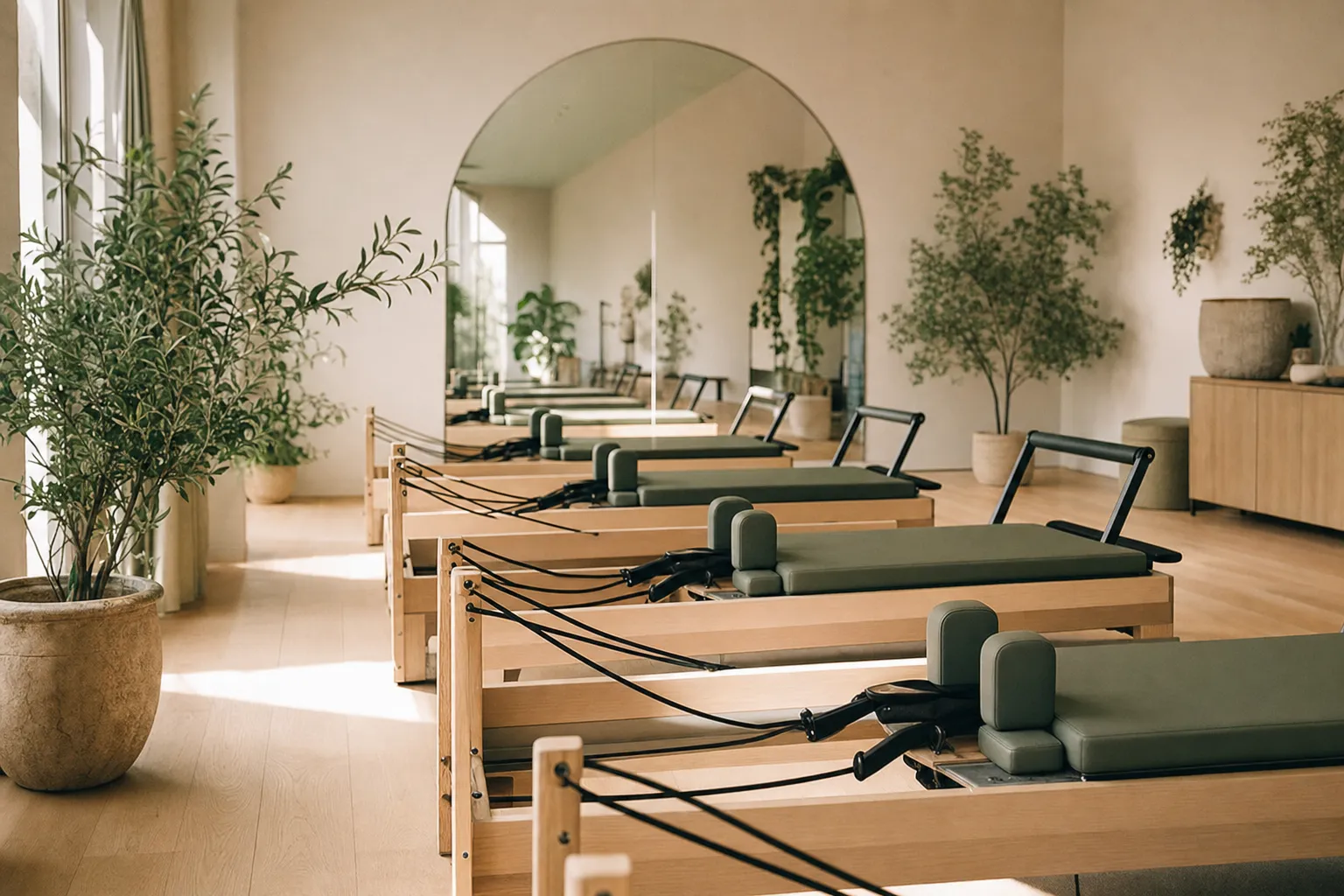 A row of matching sage-green reformers reflected in a large arched studio mirror