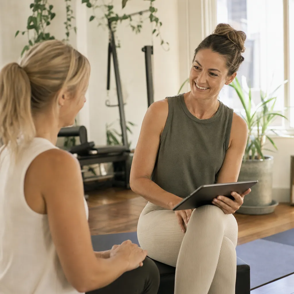 A trainer chatting with a client about their program