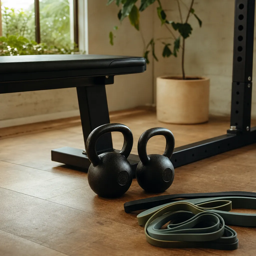 Kettlebells, resistance bands and a bench on a timber floor