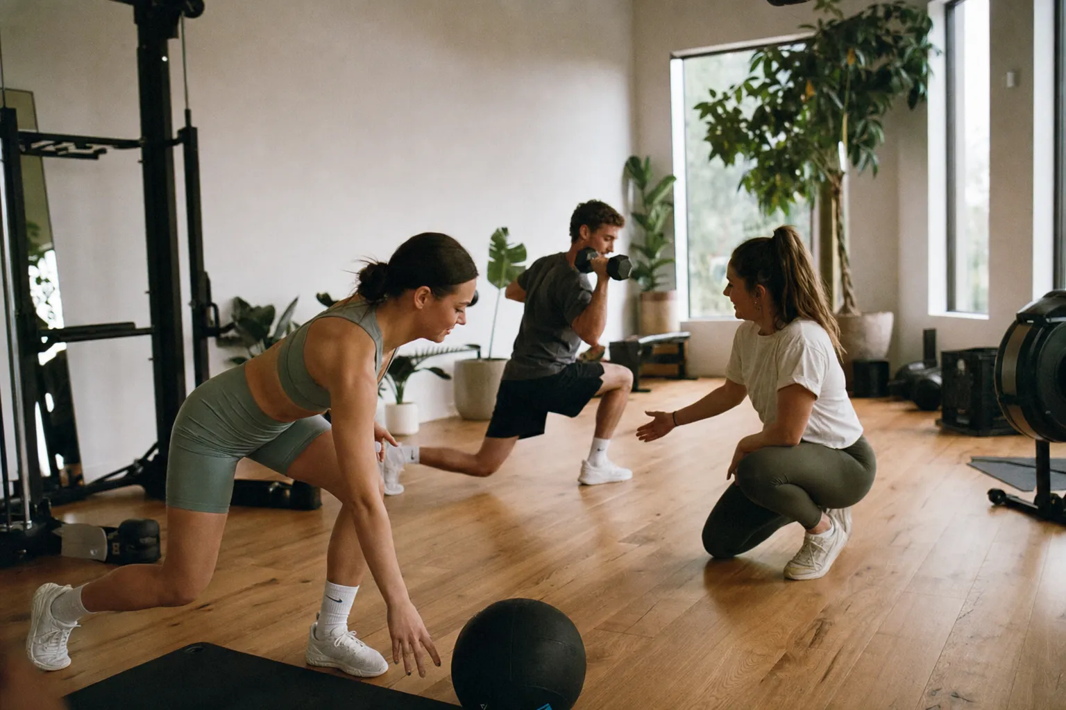 A small-group personal-training session in a bright studio