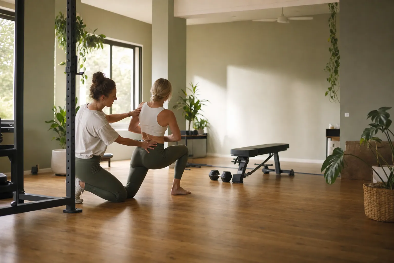 A personal trainer coaching a client one-on-one in a private studio