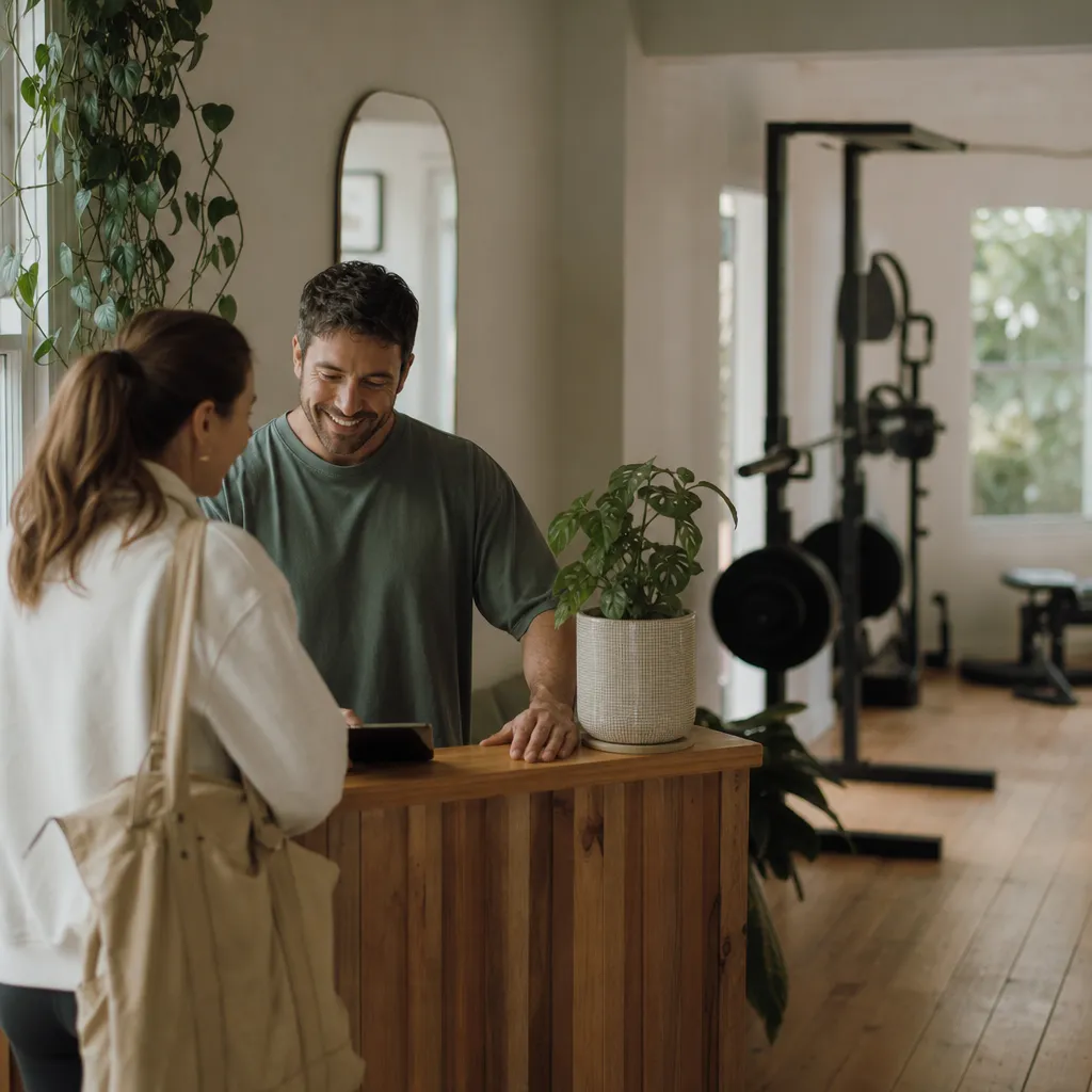 A PT studio owner welcoming a client at reception