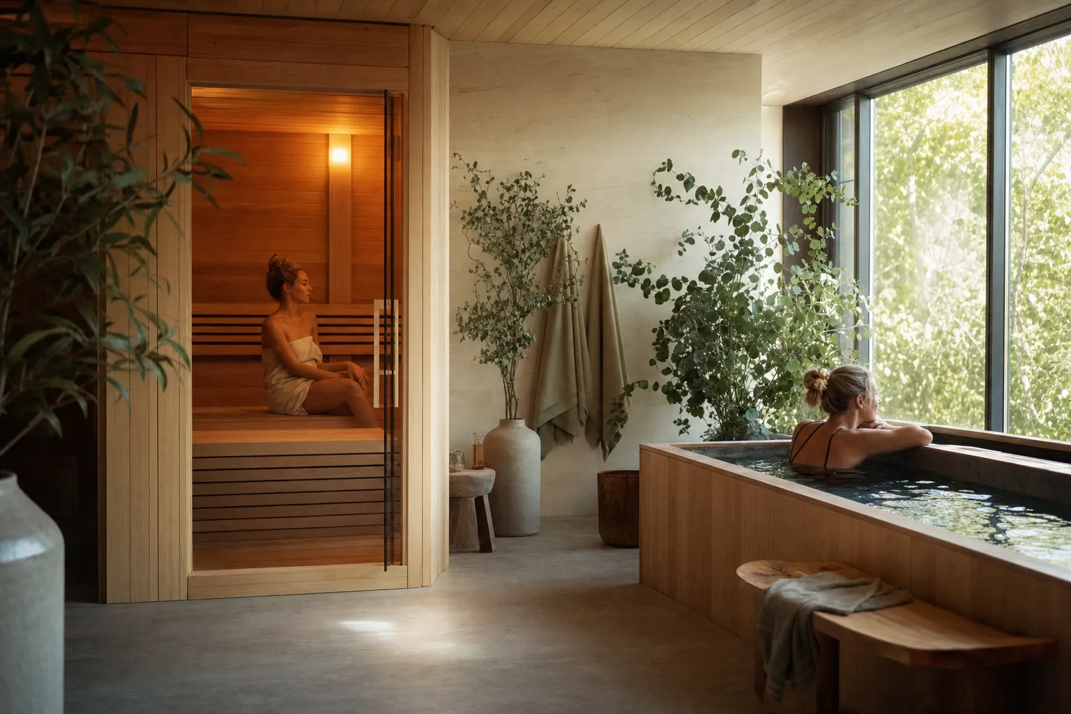 A warm cedar sauna beside a cold plunge ice bath in a calm recovery centre