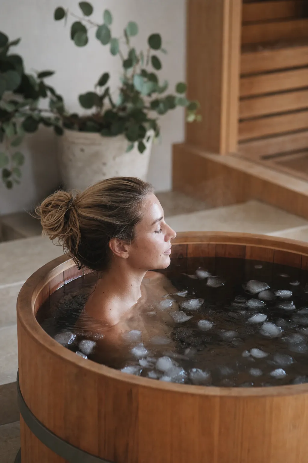 A person immersing in a timber cold plunge ice bath
