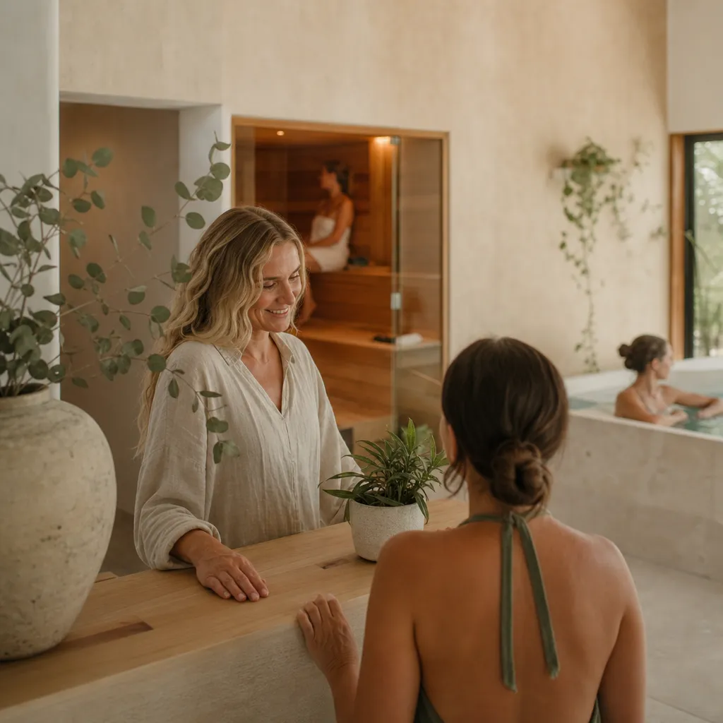 A wellness-centre owner welcoming a client at the reception desk