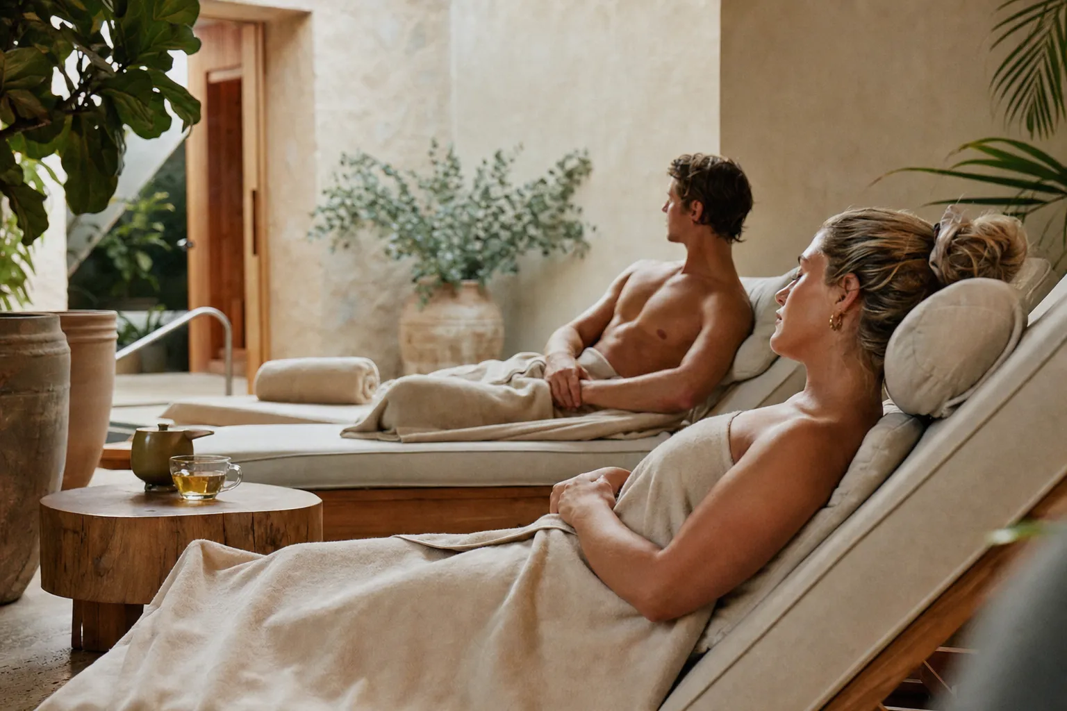 A calm recovery lounge with linen day beds and plants