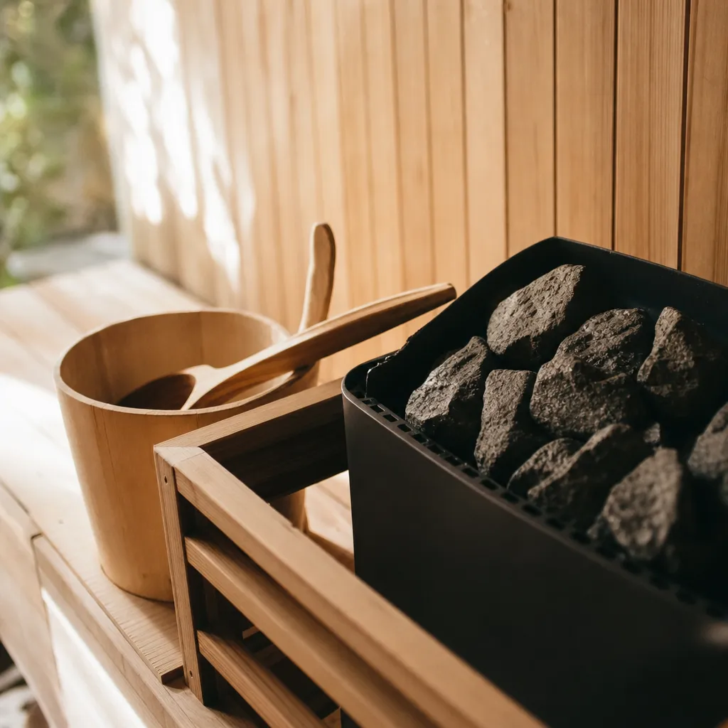 Close detail of a sauna heater with volcanic stones and a birch bucket