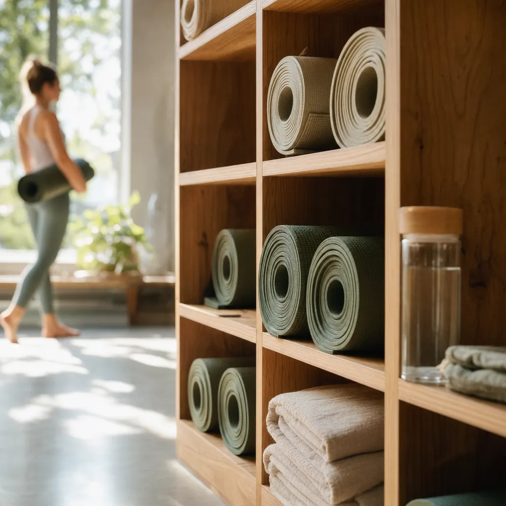 Rolled yoga mats stacked in timber cubbies