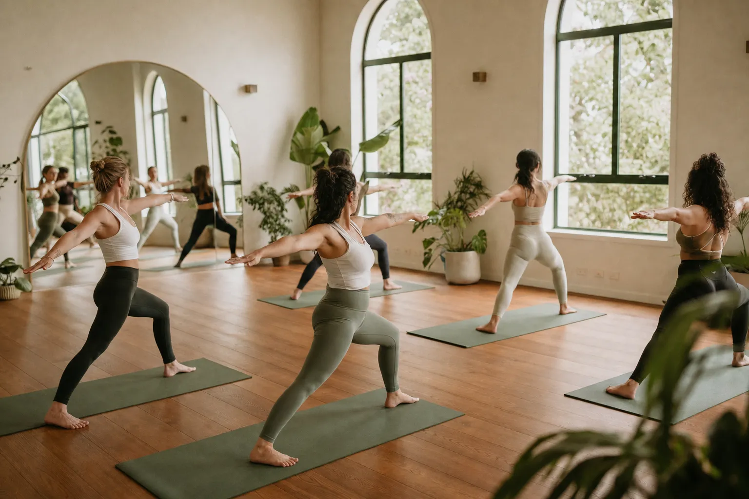 A serene yoga class in an airy, plant-filled studio during a morning session