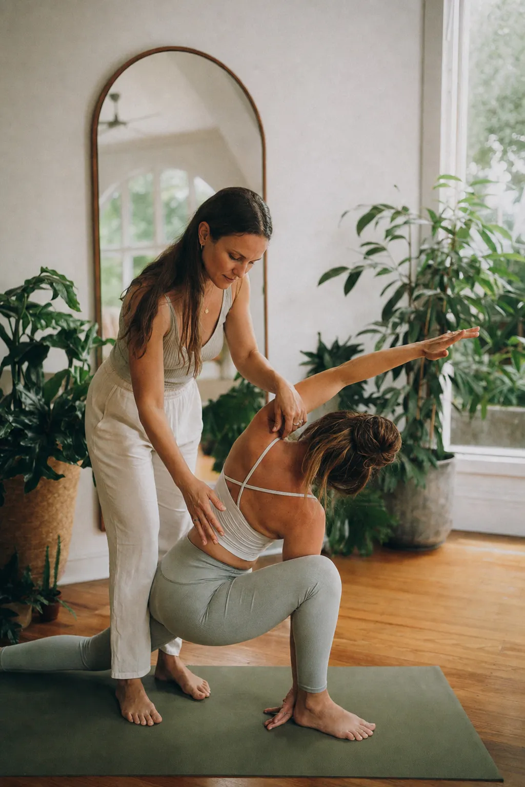 A yoga teacher gently assisting a student into a pose