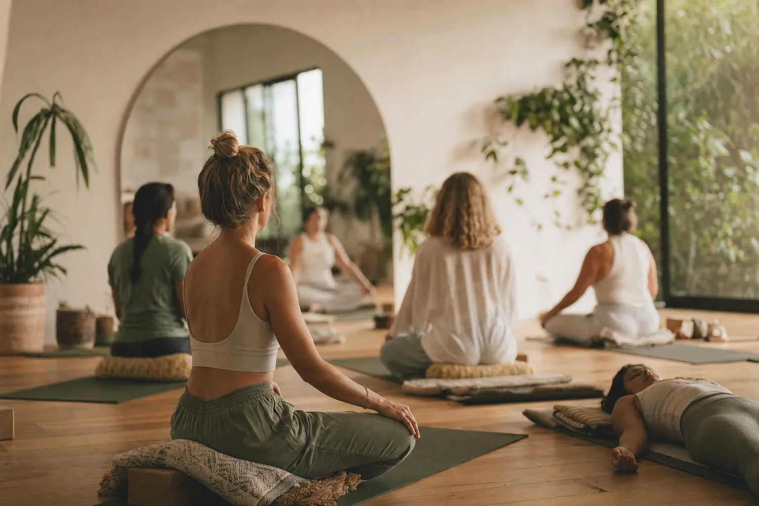 Students seated in quiet meditation in a sunlit studio