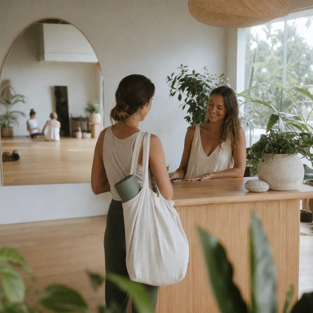 A yoga studio owner welcoming a student at reception