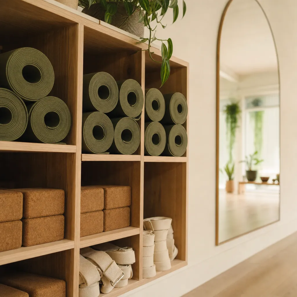 Rolled yoga mats stacked in timber cubbies with blocks and straps