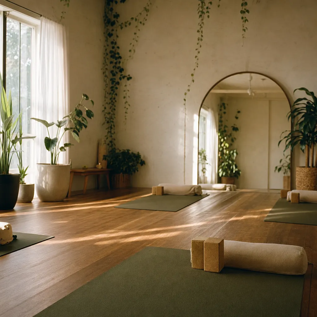 A serene empty yoga studio with timber floor and an arched mirror